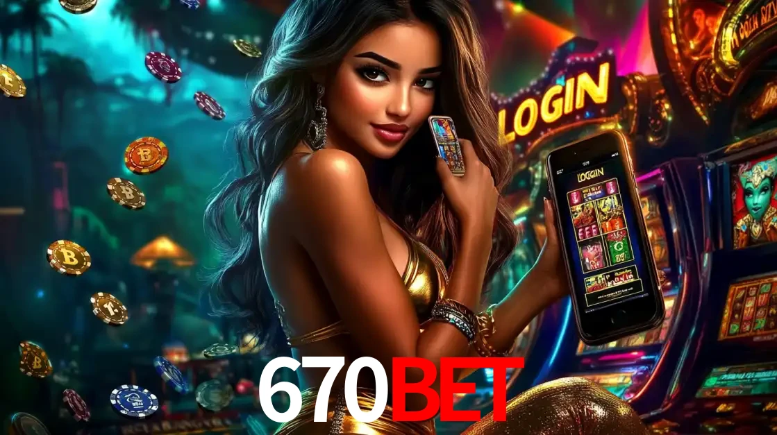 Mulher em um cenário de cassino temático de aventura, mostrando o app de caça-níqueis da 670bet no celular. Fichas de apostas flutuam ao redor.