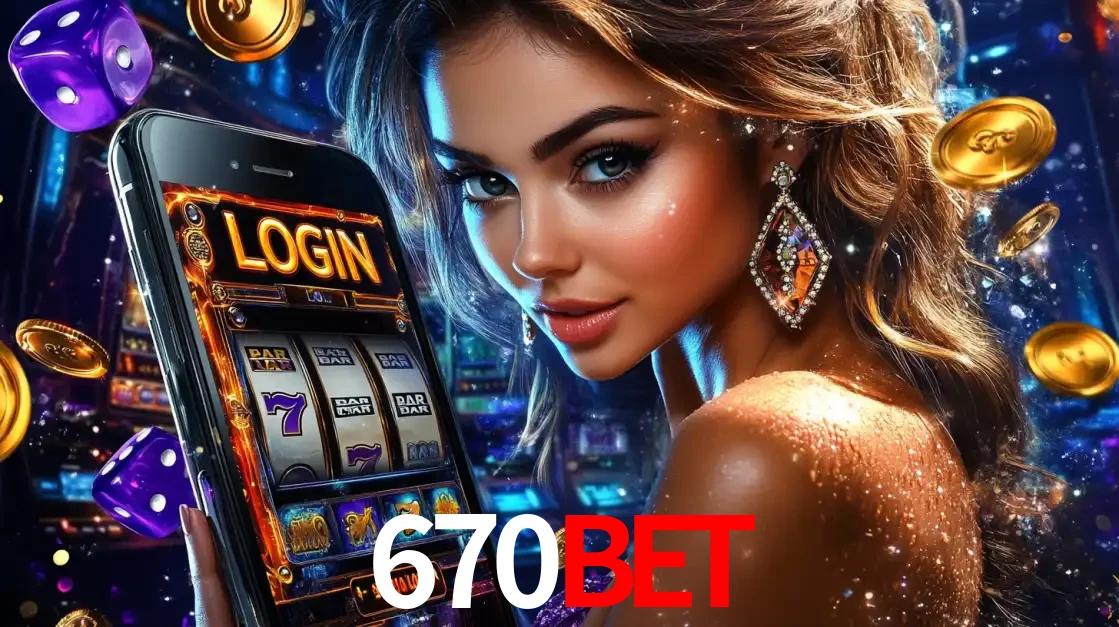 Mulher glamorosa segurando um smartphone com a tela de login para os jogos de caça-níqueis do cassino online 670bet, com moedas de ouro e dados ao redor.
