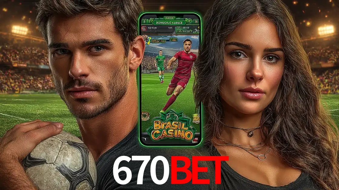 Homem segurando uma bola de futebol e uma mulher ao lado de um smartphone exibindo o jogo de apostas esportivas da 670bet. Faça seu palpite no cassino online.